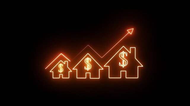 Home icon house sign neon lights animation with up arrow Dollar increase. Neon House, home building animation. Neon line of Dollar sign with up arrow inside house icon on black background 4k video.
