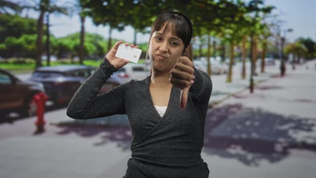 Woman holding creditcard showing thumb down gesture on a street with parked cars and trees; consumer distrust disapproval.