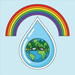 Obraz premium Eco friendly Earth inside water drop with rainbow and forest landscape