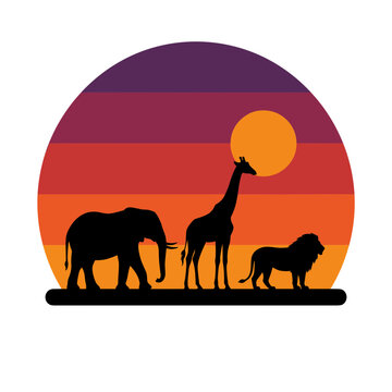 African safari animals silhouette with sunset background vector