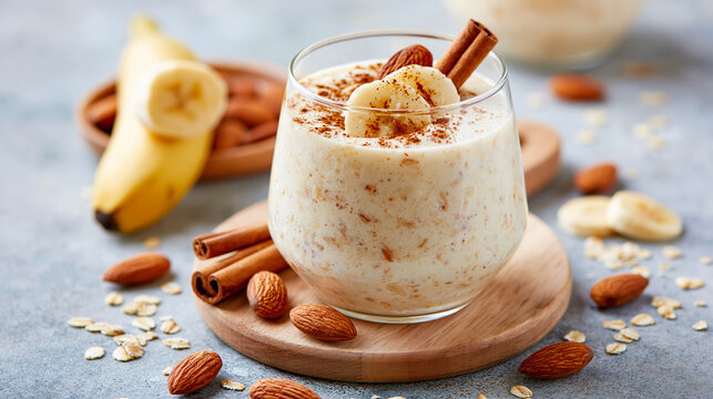 Creamy banana smoothie with cinnamon and almonds in a glass on a wooden coaster, surrounded by oats, banana slices, and cinnamon sticks.