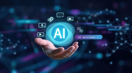 Fototapeta premium Hand holding artificial intelligence symbol with floating icons, AI assistant technology, machine learning, automation, virtual support and future innovation digital network.