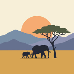 Fototapeta premium African Savanna Landscape with Elephant Family at Sunset