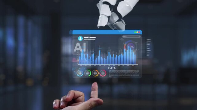 A robotic hand interacts with a futuristic data visualization interface, showcasing charts, analytics, and metrics in a modern office setting, representing advanced AI technology. Synapse