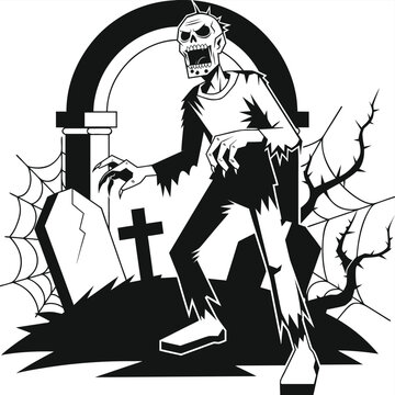 Cartoon zombie walking in a graveyard with tombstones and spiderwebs