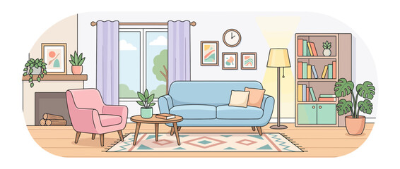 Obraz premium Cozy Living Room Interior with Furniture and Plants
