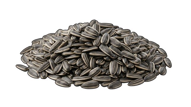 Pile of raw sunflower seeds. Organic black seeds isolated on a white background.