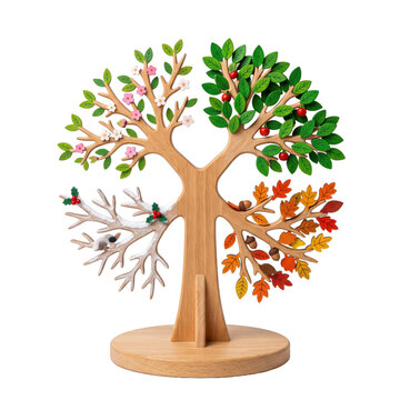 Montessori wooden seasonal tree. Educational toy showing four seasons isolated on white.