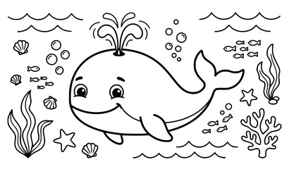 Obraz premium Cute Whale Coloring Page Vector Illustration for Kids Ocean and Marine Animal Coloring Book