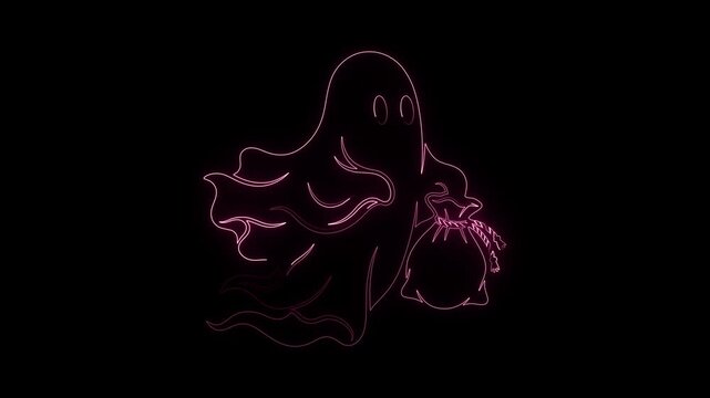 neon pink ghost animation cute spirit carrying sack halloween creature glowing outline spooky character mystical phantom motion graphic element seamless looping video