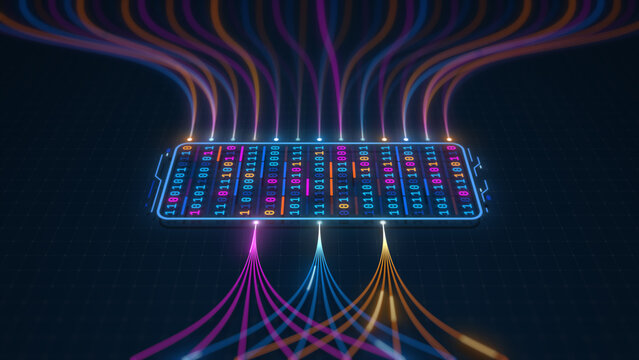 Binary Data Processing Node with Digital Information Flow Illustration