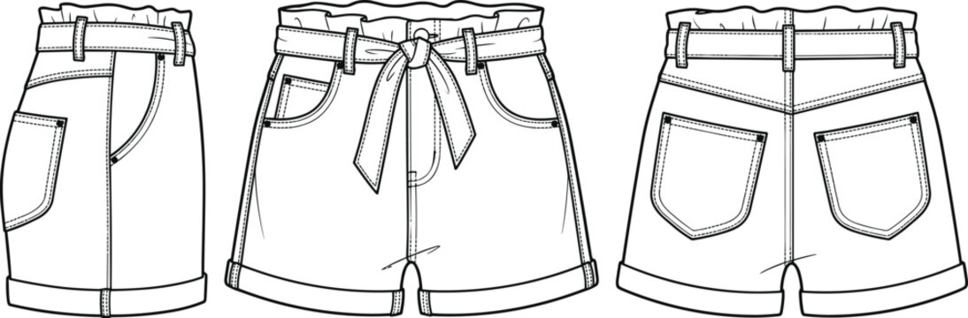 Womens paperbag waist belted denim shorts cuffed hem high rise fashion flat sketch vector technical drawing front side back view