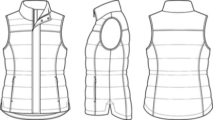 Womens quilted puffer vest stand collar zip up gilet outerwear fashion flat sketch vector technical drawing front side back view © Prohllad