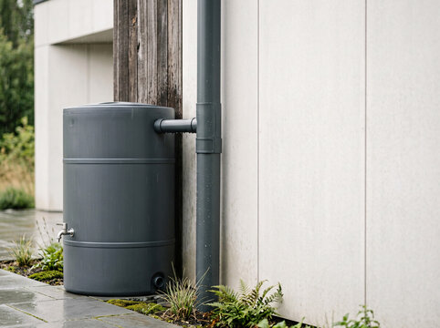 A gray rain barrel stands against a modern, light-colored wall, collecting water from a downspout, surrounded by greenery and wet paving stones.