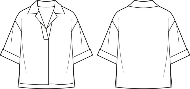 Womens relaxed fit notch collar polo shirt drop shoulder cuffed half sleeve fashion flat sketch vector technical drawing front back view