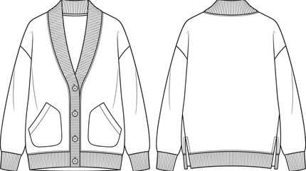 Womens ribbed shawl collar oversized knit cardigan button down patch pockets fashion flat sketch vector technical drawing front back view © Prohllad