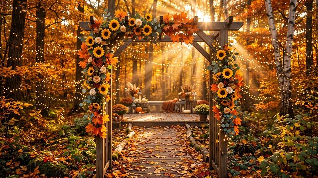 Rustic autumn wedding arch decorated with sunflowers, maple leaves, and lanterns in a sunlit forest pathway