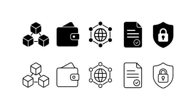 Blockchain and Cryptocurrency Icon Set in Silhouette and Outline Styles