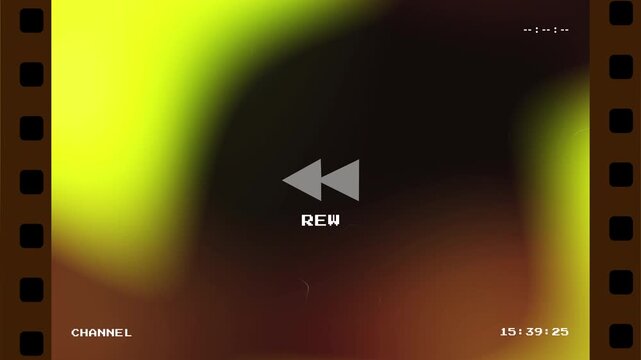Retro VHS rewind effect with colorful lightleaks and analog film strip border featuring a countdown timer and rewind symbols for vintage video transitions and nostalgic overlays