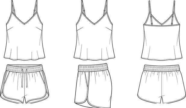 Womens satin camisole and shorts sleepwear set spaghetti strap tank top pajama fashion flat sketch vector technical drawing front side back view