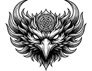 Fototapeta premium Fierce aggressive eagle head with Celtic knot symbol in vintage ink engraving style, perfect for tattoos or bold graphic design branding elements