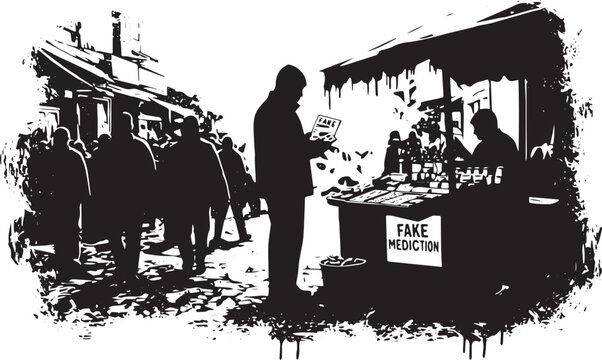 Street Vendor Selling Fake Medicine and Pills in a Grungy Black