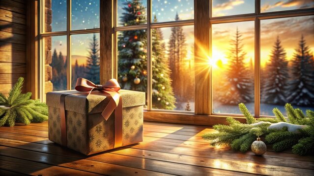 A beautifully crafted gift box sits atop a wooden table bathed in warm sunlight that filters through frosty windows casting a serene holiday ambiance