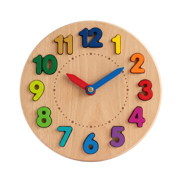 Wooden Montessori clock toy. Educational learning tool for teaching children how to tell time.