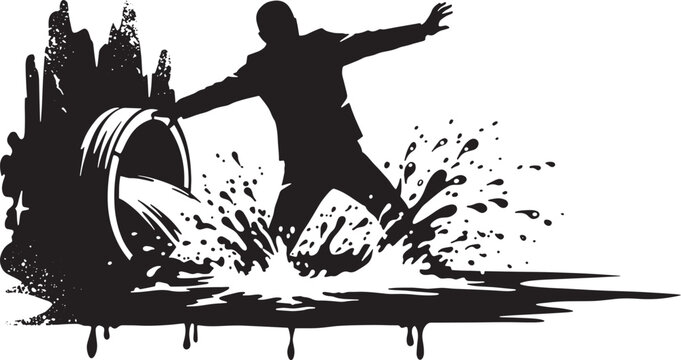 Dynamic Silhouette of a Person Navigating a Splashy Downpour fro