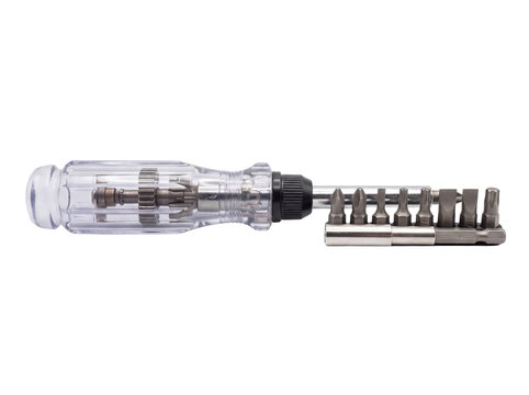 Multi bit screwdriver with interchangeable heads and clear handle on transparent background multi bit precision