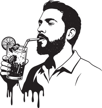 Minimalist stencil vector art of a bearded man enjoying a refres