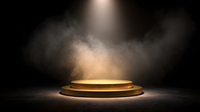Empty gold circular podium illuminated by spotlight with fog and smoke effects on dark background.