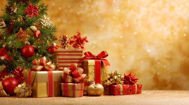 Festive holiday gift boxes wrapped with red and gold ribbons next to decorated pine tree on shimmering surface.