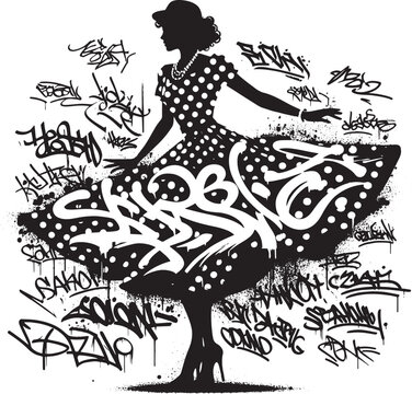 Silhouette of a woman in a polka dot dress surrounded by graffit