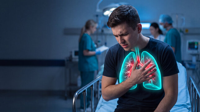 Young male doctor examining chest X-ray. Medical professional analyzing diagnostic images in hospital setting.
