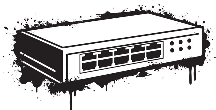 Monochromatic network switch icon surrounded by paint splatter e