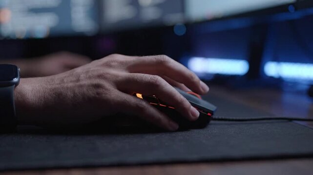 Gamer Hand Using Computer Mouse in Dark RGB Setup. 4K Video
