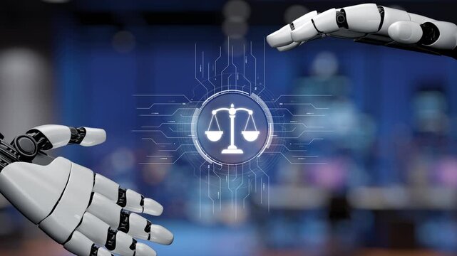 Two robotic hands reaching toward a digital representation of justice illustrate the intersection of technology and legal ethics in a futuristic office setting. Synapse