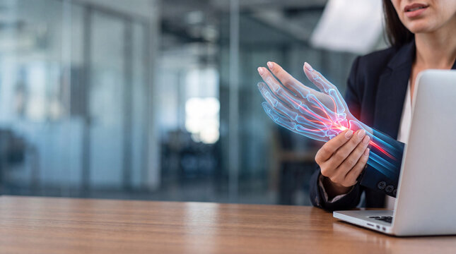 Businesswoman suffering from wrist pain. Office worker with digital injury hologram.