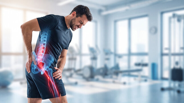 Man suffering from back pain in gym. Athlete with lower back injury and spinal inflammation.