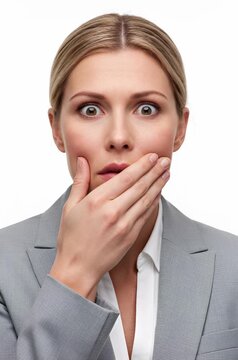 Cinematic high-resolution macro shot of a shocked businesswoman's face, isolated on a seamless pure white studio background. The camera focuses sharply on her wide, brown eyes and stunned expre
