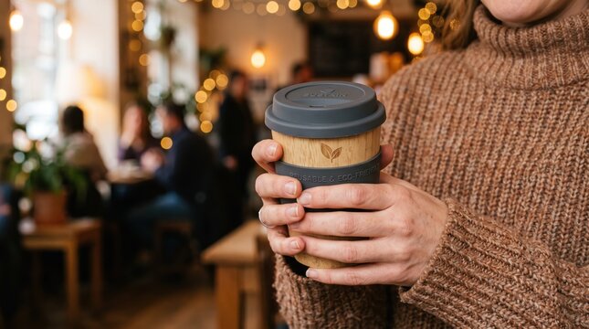 Close up of woman hands holding reusable bamboo coffee cup with lid in cozy cafe, sustainable lifestyle and eco-friendly zero waste concept.