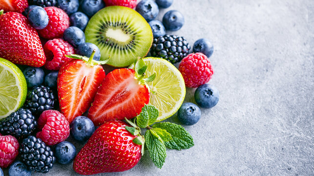 A vibrant assortment of fresh berries, kiwi, and lime garnished with mint leaves on a textured gray surface.