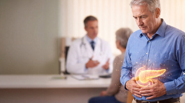 Senior man experiencing stomach pain. Elderly patient with abdominal discomfort, healthcare concept, medical consultation, health awareness, senior...