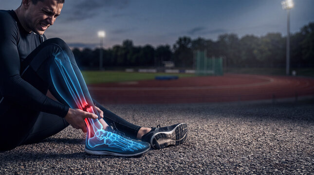 Athlete suffering from ankle injury. Sportsman feeling pain in leg during night training.