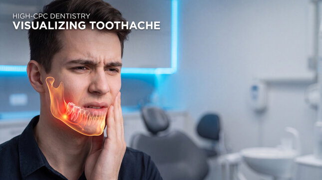 Young man experiencing toothache in dental clinic. Patient with facial pain during dental visit, healthcare professional examining oral health.