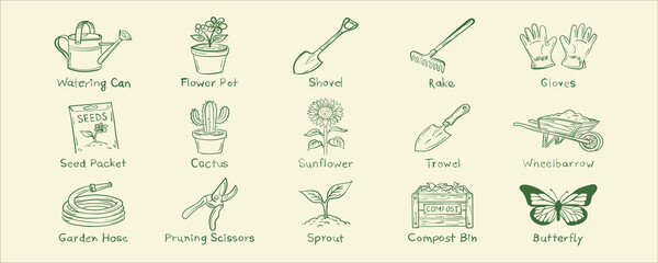 Gardening tools and nature elements line art set including watering can shovel rake seeds sprout and outdoor planting icons. © DILSHAD