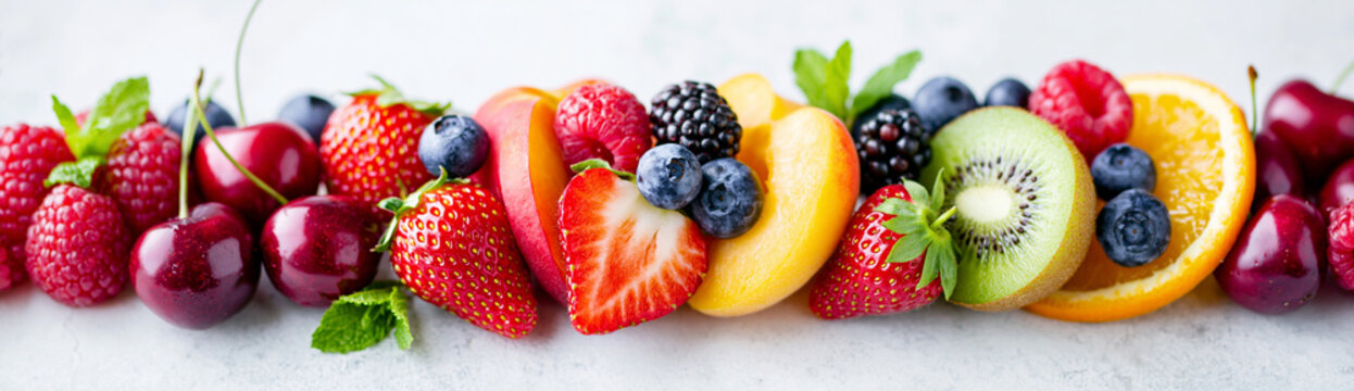 A vibrant assortment of fresh fruits including strawberries, cherries, raspberries, blueberries, kiwi, peach, and orange slices arranged in a colorful, appetizing display.