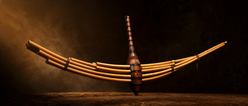 Traditional Lao Khene musical instrument made of bamboo on a dark moody background