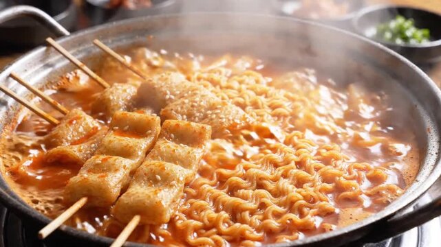 Hot Korean Odeng Fish Cake Skewers Boiling in Noodle Soup. 4K Video